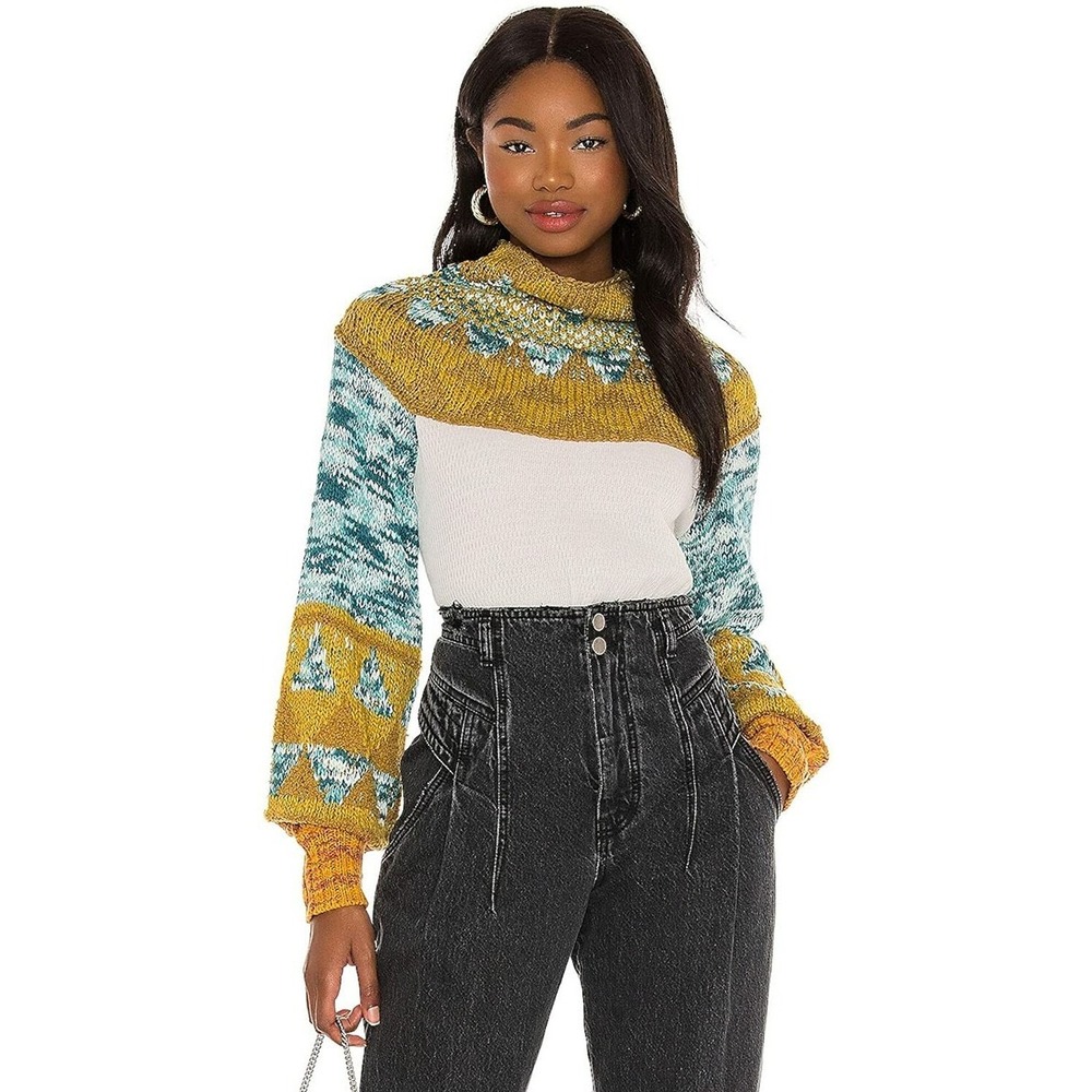 Free People Mixed Media Fair Isle Thermal Cowl Neck Top XS Mustard Teal White